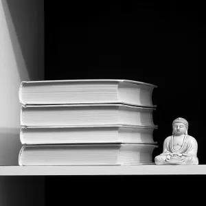 Books on a Shelf and Buddha Print