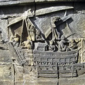 A Borobudur ship is the 8th-century wooden double outrigger