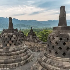 Borobudur temple, stupas, cloudy sky Borobudur temple, stupas, cloudy sky