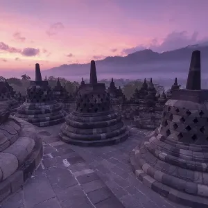 Borobudur temple at sunrise, stupas Borobudur temple at sunrise, stupas