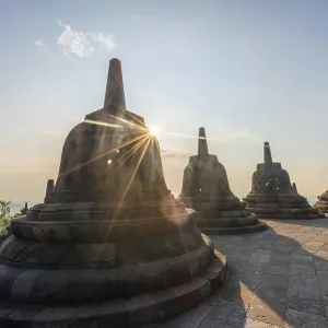 Borobudur temple at sunrise, stupas