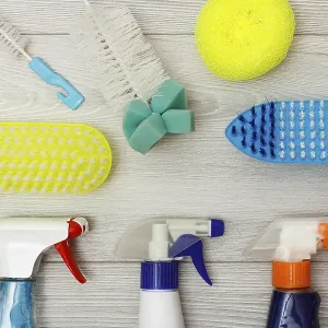 Bottles of detergent, color synthetic sponges for cleaning and dust brushes on gray wooden background Bottles of detergent, color synthetic sponges for cleaning and dust brushes on gray wooden background