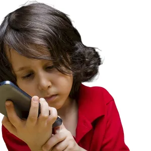 Boy with mobile phone in hand isolated on a white background Boy with mobile phone in hand isolated on a white background