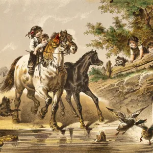 Boys and girls have fun riding on a river