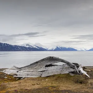 Broken wooden boat in front of mountain range