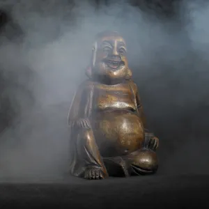Brown Buddha sculpture in dark smoky back Brown Buddha sculpture in dark smoky back