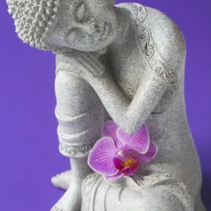 Buddha Figure Print With Orchid On Purple Background