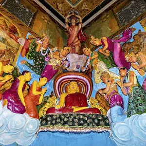 Buddha scene with figures standing in prayer surrounded by colorful frescoes and vivid colors Buddha scene with figures standing in prayer surrounded by colorful frescoes and vivid colors