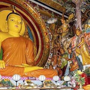 Buddha statue on an altar surrounded by frescoes and religious figures in a spiritual and colorful scene Buddha statue on an altar surrounded by frescoes and religious figures in a spiritual and colorful scene