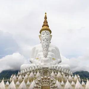 Buddha statue has large white five body on mountain surrounded by nature with cloud fog cover at Wat Phra That Pha Sorn