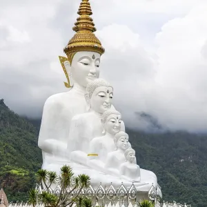 Buddha statue has large white five body on mountain surrounded by nature with cloud fog cover at Wat Phra That Pha Sorn