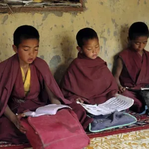 Buddhist novices doing homework Buddhist novices doing homework