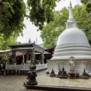 A Buddhist temple complex with a white stupa surrounded by Buddha statues and lush greenery A Buddhist temple complex with a white stupa surrounded by Buddha statues and lush greenery