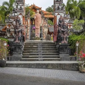 A Buddhist temple in the evening in the rain