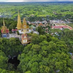 A buddhist temple on a mountain in Cambodia seen from above A buddhist temple on a mountain in Cambodia seen from above