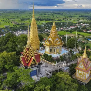A buddhist temple on a mountain in Cambodia seen from above A buddhist temple on a mountain in Cambodia seen from above