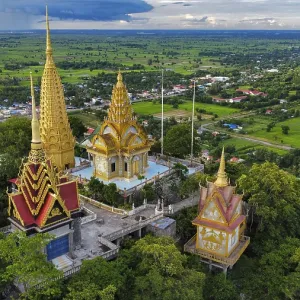 A buddhist temple on a mountain in Cambodia seen from above