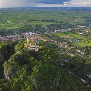 A buddhist temple on a mountain in Cambodia seen from above A buddhist temple on a mountain in Cambodia seen from above