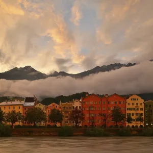 Buildings along the Inn river at dusk