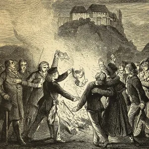Burning of books, ribbons and braids in front of the Wartburg on October 18 Burning of books, ribbons and braids in front of the Wartburg on October 18