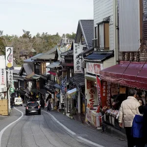 Busy street with traditional shops and pedestrians