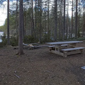 Camping area near lake shore in cloudy spring weather