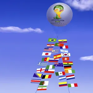 Captive balloon, at its ropes the flags of the FIFA World Cup participants in 2014 Captive balloon, at its ropes the flags of the FIFA World Cup participants in 2014