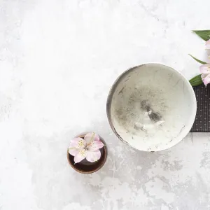 Empty ceramic bowl, pink alstroemeria flowers Empty ceramic bowl, pink alstroemeria flowers