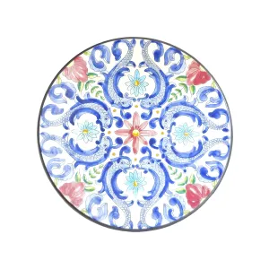 Ceramic round plate design in blue red and green isolated on white