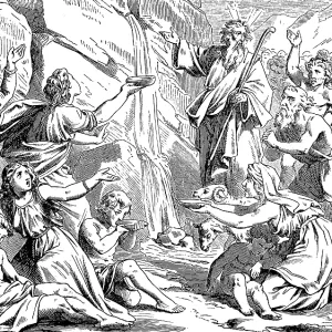 1877 Print: Israelites Drink from Rock, Moses Strikes Staff