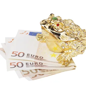 Chinese feng shui lucky money frog sitting on money