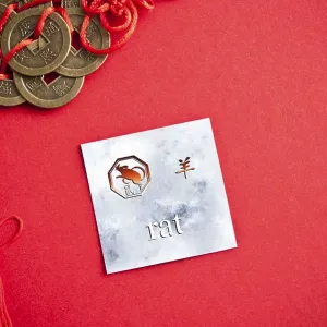 Chinese themed image with zodiac sign of the rat on red backdrop surrounded by coins