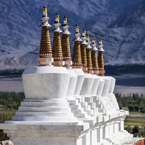 Chortens (Buddhist stupas) outside the Shey palace in Himalayas