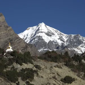 Chulu and stupa, view from Nawal, Nepal