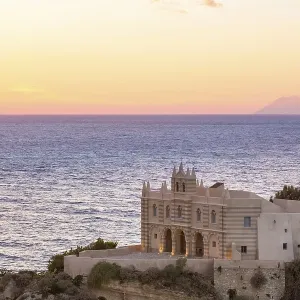 Church Chiesa Santa Maria dell'Isola behind the Stromboli volcano
