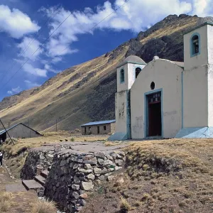 Church next to the railroad, Andean highlands between Cusco and Puno