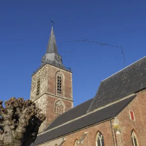 Church tower with a formation of flying birds in the background Church tower with a formation of flying birds in the background