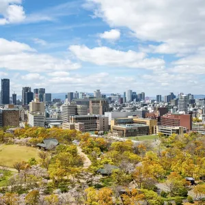 City view with skyscrapers and Osaka Castle Park with cherry blossoms