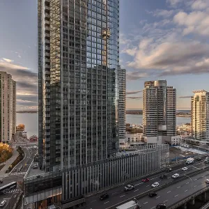Cityscape with skyscrapers at sunset