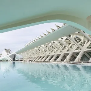 Ciudad de las Artes y las Ciencias: Un Paisaje Urbano Contemporáneo con Estructuras Blancas sobre Piscinas Turquesa.