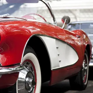 Classic Red Car On The Road. Vintage Series Classic Red Car On The Road. Vintage Series