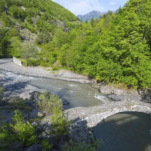 A clear river flows under an old stone bridge through a green