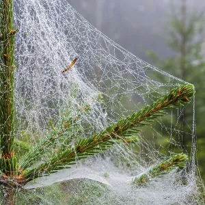 Close up at a dewy spider web on a spruce tree in a woodland