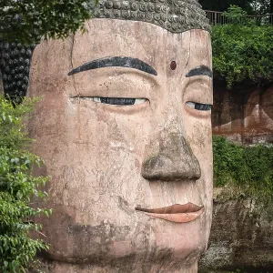 The close up of the head of the Giant Leshan Buddha The close up of the head of the Giant Leshan Buddha