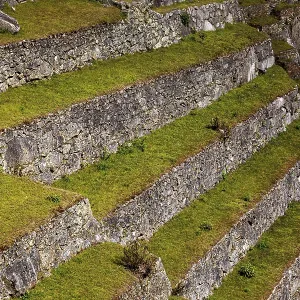 Close-up of hard stone terraces with grassy steps