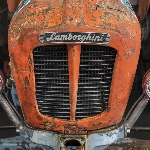 Close-up of an old Lamborghini tractor with brand emblem
