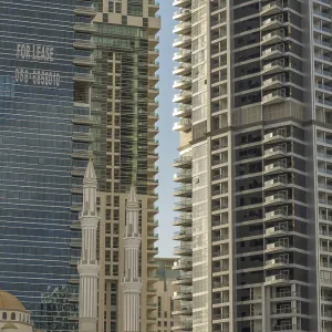 Close view of modern skyscrapers with glass facades