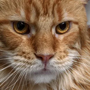 Gato Maine Coon de jengibre en primer plano sobre fondo blanco.