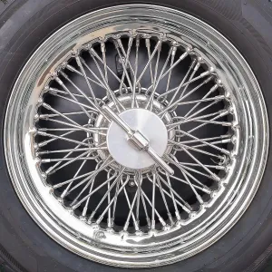 Closeup detail of an old car tyre wheel with spokes Closeup detail of an old car tyre wheel with spokes
