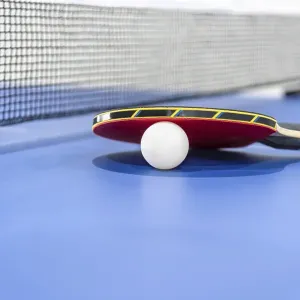 Closeup red table tennis racket and a white ball on the blue ping pong table with a black net Closeup red table tennis racket and a white ball on the blue ping pong table with a black net